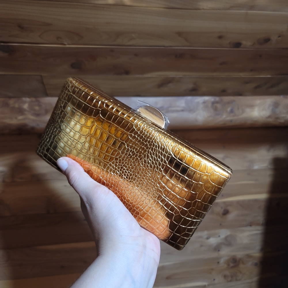 Mettalic Gold Crocodile-Embossed Clutch